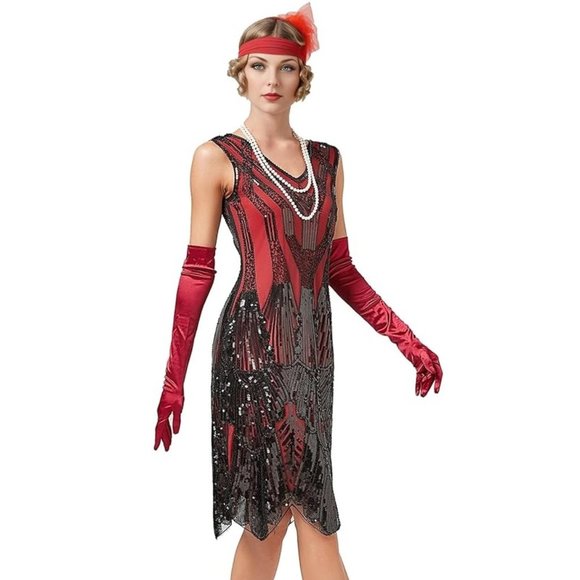 Red & Black Sequin & Beaded 1920s Flapper Gatsby Cocktail Dress L 10-12 - Picture 3 of 5